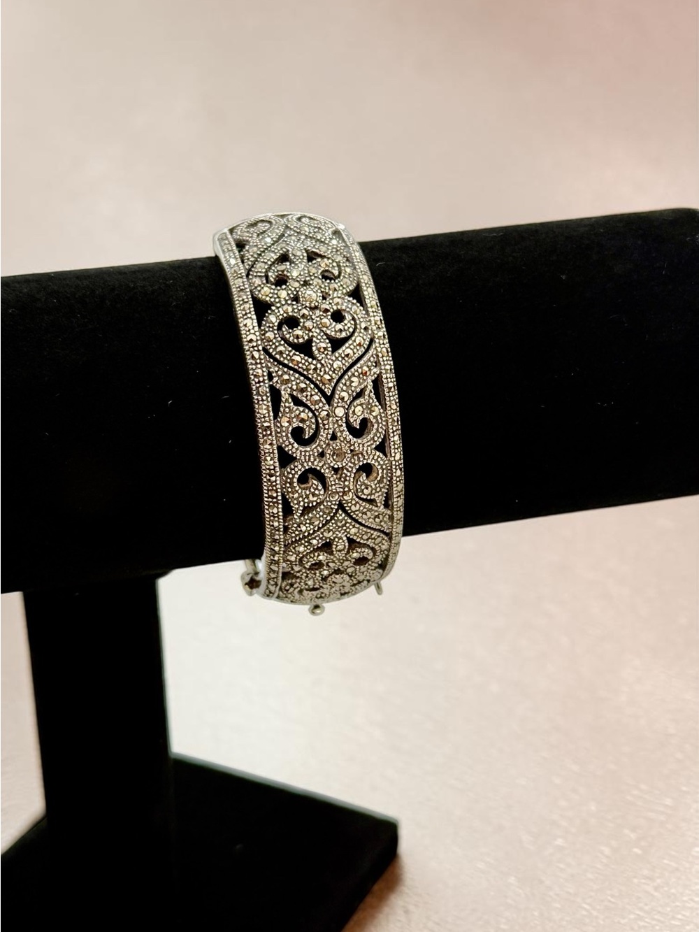 Vintage 1990s Sterling Silver 925 Marcasite Filigree Hinged Bracelet 55g 8.5"